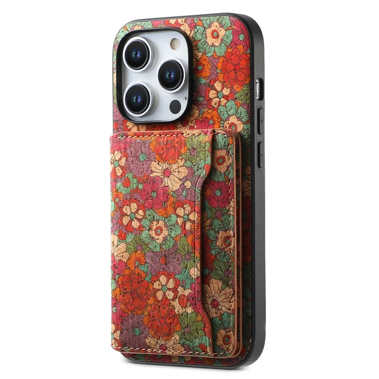 For iPhone 15 Pro Max Back Case Card Holder Kickstand PU+TPU+PC Floral Pattern Phone Cover