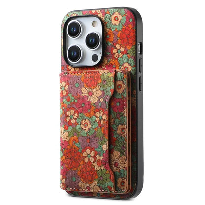 For iPhone 15 Pro Max Back Case Card Holder Kickstand PU+TPU+PC Floral Pattern Phone Cover