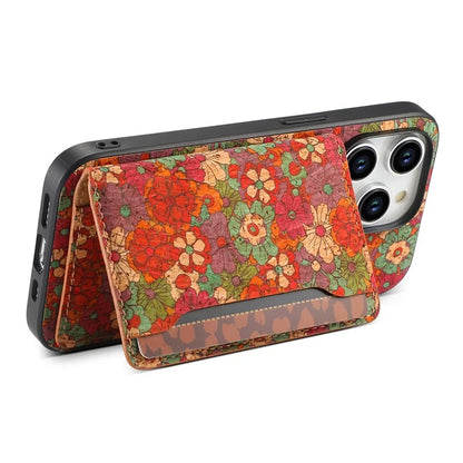 For iPhone 15 Pro Max Back Case Card Holder Kickstand PU+TPU+PC Floral Pattern Phone Cover