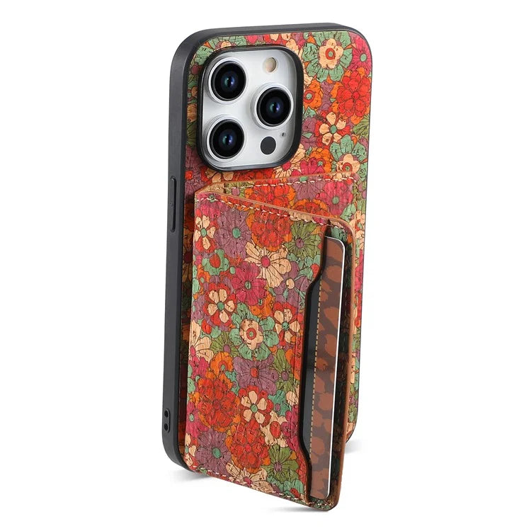 For iPhone 15 Pro Max Back Case Card Holder Kickstand PU+TPU+PC Floral Pattern Phone Cover