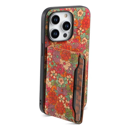 For iPhone 15 Pro Max Back Case Card Holder Kickstand PU+TPU+PC Floral Pattern Phone Cover