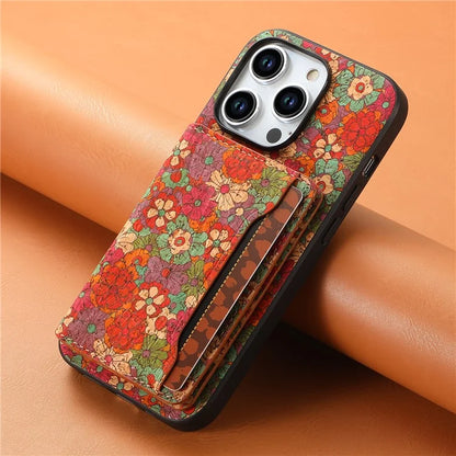 For iPhone 15 Pro Max Back Case Card Holder Kickstand PU+TPU+PC Floral Pattern Phone Cover