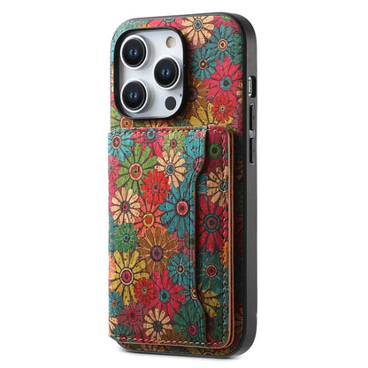 For iPhone 15 Pro Max Back Case Card Holder Kickstand PU+TPU+PC Floral Pattern Phone Cover