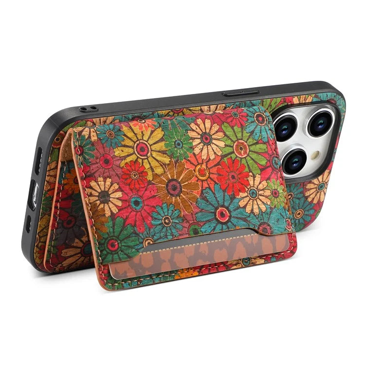 For iPhone 15 Pro Max Back Case Card Holder Kickstand PU+TPU+PC Floral Pattern Phone Cover