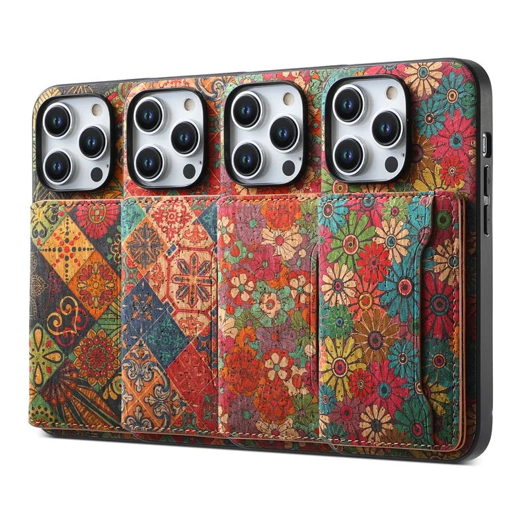 For iPhone 15 Pro Max Back Case Card Holder Kickstand PU+TPU+PC Floral Pattern Phone Cover