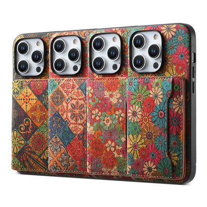 For iPhone 15 Pro Max Back Case Card Holder Kickstand PU+TPU+PC Floral Pattern Phone Cover