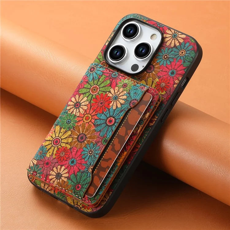 For iPhone 15 Pro Max Back Case Card Holder Kickstand PU+TPU+PC Floral Pattern Phone Cover