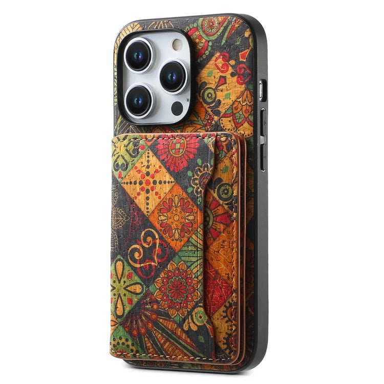 For iPhone 15 Pro Max Back Case Card Holder Kickstand PU+TPU+PC Floral Pattern Phone Cover