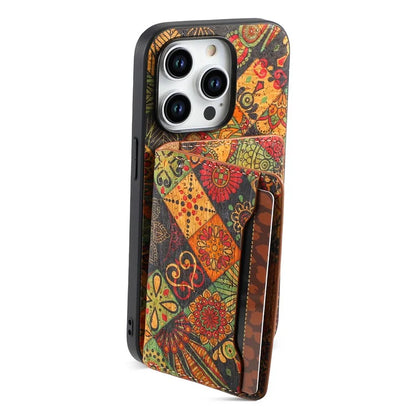 For iPhone 15 Pro Max Back Case Card Holder Kickstand PU+TPU+PC Floral Pattern Phone Cover