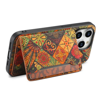 For iPhone 15 Pro Max Back Case Card Holder Kickstand PU+TPU+PC Floral Pattern Phone Cover