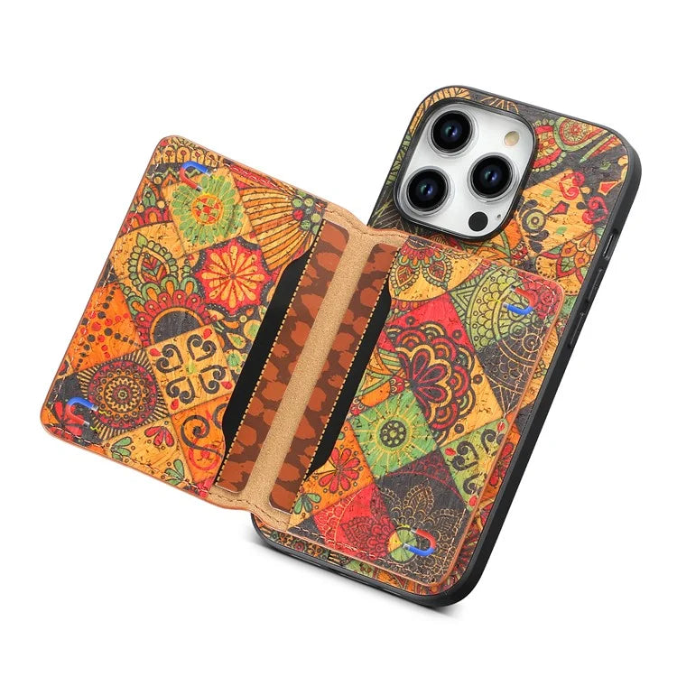 For iPhone 15 Pro Max Back Case Card Holder Kickstand PU+TPU+PC Floral Pattern Phone Cover