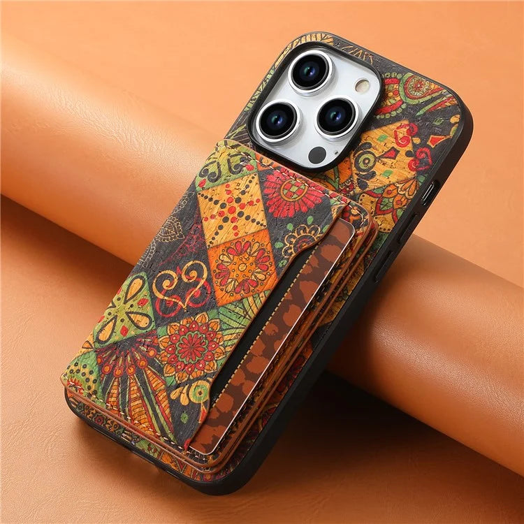 For iPhone 15 Pro Max Back Case Card Holder Kickstand PU+TPU+PC Floral Pattern Phone Cover