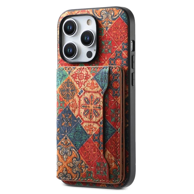 For iPhone 15 Pro Max Back Case Card Holder Kickstand PU+TPU+PC Floral Pattern Phone Cover