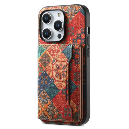 For iPhone 15 Pro Max Back Case Card Holder Kickstand PU+TPU+PC Floral Pattern Phone Cover