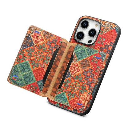 For iPhone 15 Pro Max Back Case Card Holder Kickstand PU+TPU+PC Floral Pattern Phone Cover