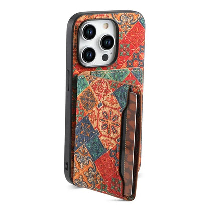 For iPhone 15 Pro Max Back Case Card Holder Kickstand PU+TPU+PC Floral Pattern Phone Cover
