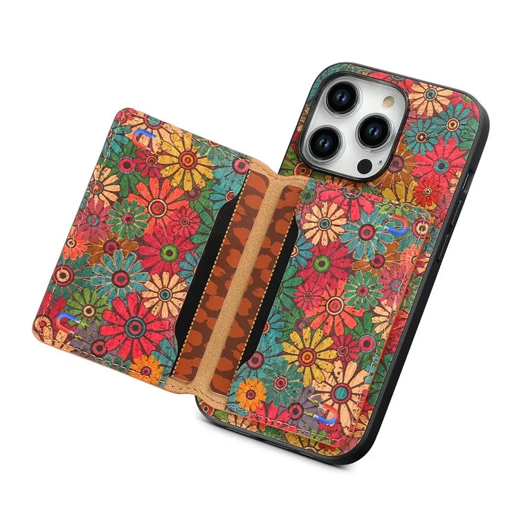 For iPhone 15 Pro Kickstand Case Card Holder PU+TPU+PC Phone Cover with Floral Pattern