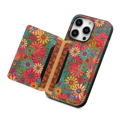 For iPhone 15 Pro Kickstand Case Card Holder PU+TPU+PC Phone Cover with Floral Pattern