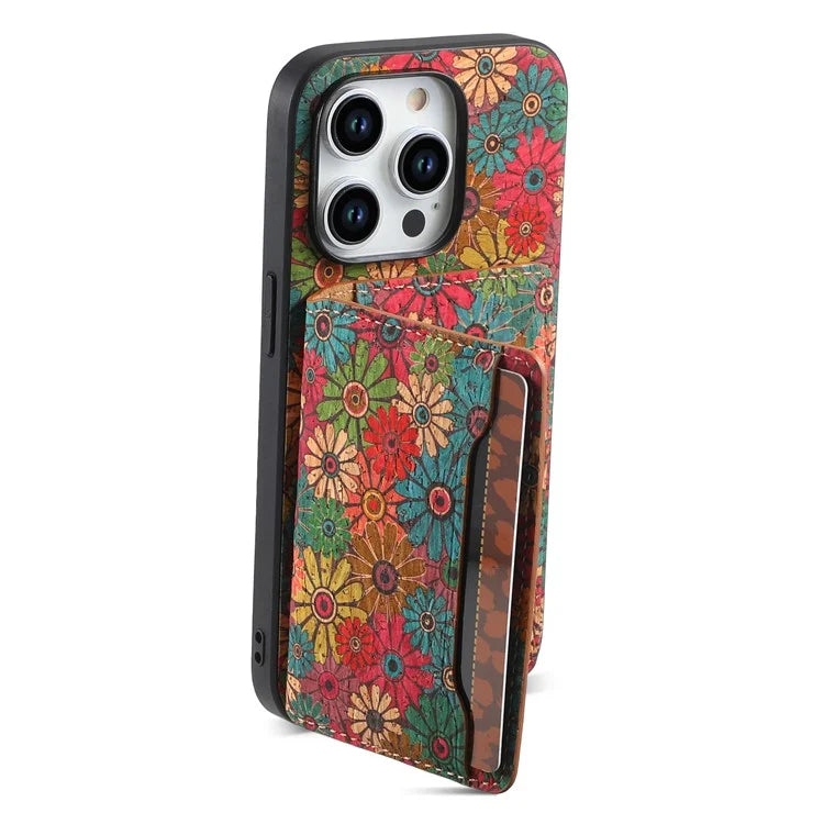 For iPhone 15 Pro Kickstand Case Card Holder PU+TPU+PC Phone Cover with Floral Pattern