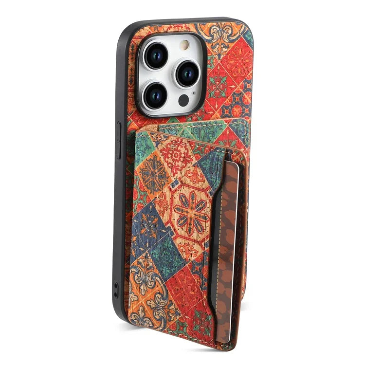 For iPhone 15 Pro Kickstand Case Card Holder PU+TPU+PC Phone Cover with Floral Pattern