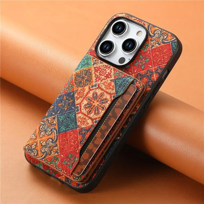 For iPhone 15 Pro Kickstand Case Card Holder PU+TPU+PC Phone Cover with Floral Pattern