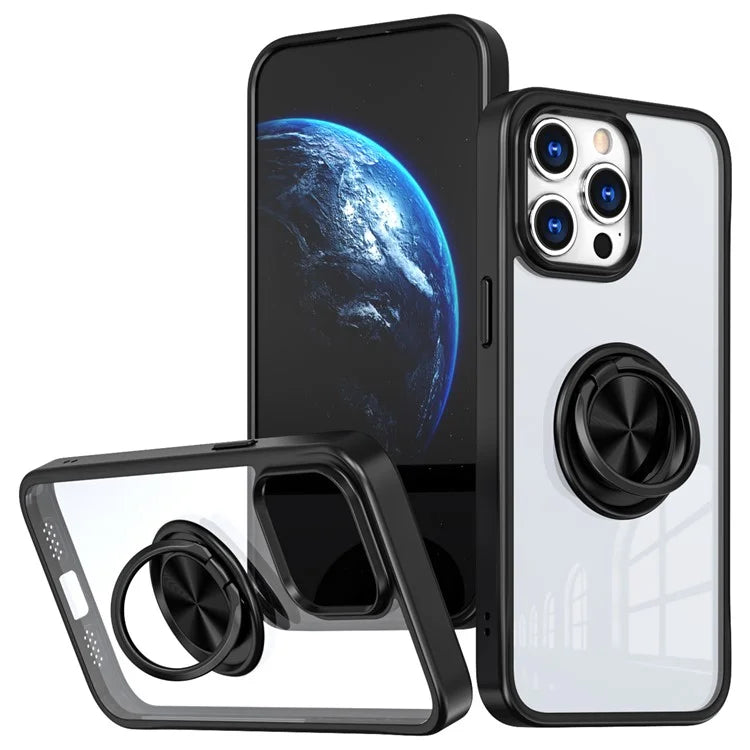 For iPhone 15 Pro Max Clear Case Rotating Kickstand TPU+PC Anti-drop Phone Cover