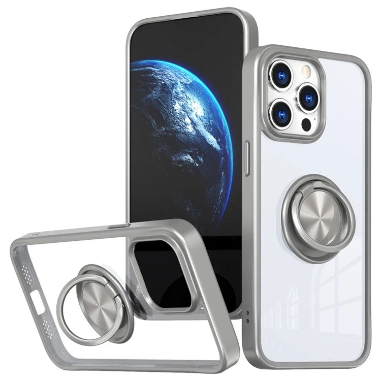 For iPhone 15 Pro Max Clear Case Rotating Kickstand TPU+PC Anti-drop Phone Cover