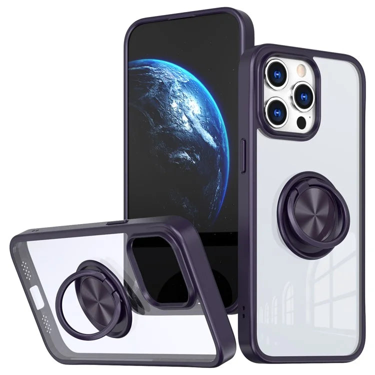 For iPhone 15 Pro Max Clear Case Rotating Kickstand TPU+PC Anti-drop Phone Cover