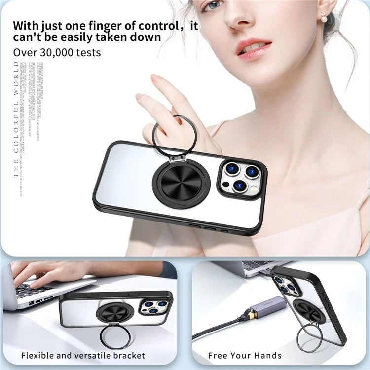 For iPhone 15 Pro Max Clear Case Rotating Kickstand TPU+PC Anti-drop Phone Cover Magnetic Shell