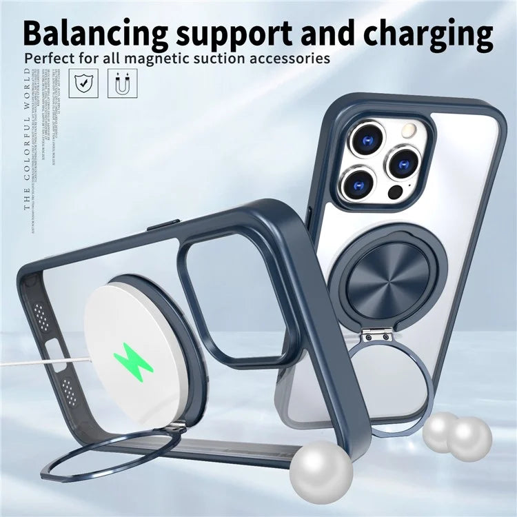 For iPhone 15 Pro Max Clear Case Rotating Kickstand TPU+PC Anti-drop Phone Cover Magnetic Shell