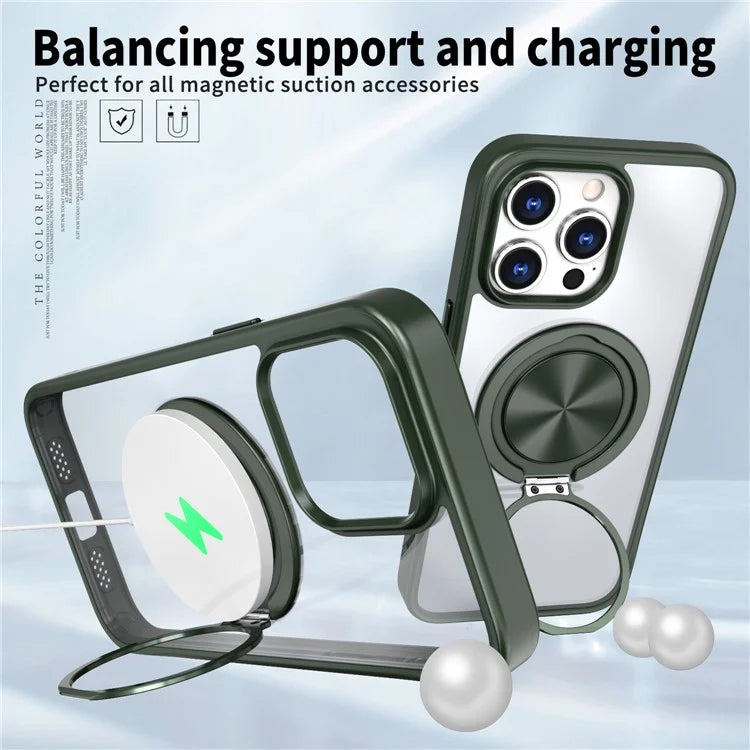 For iPhone 15 Pro Max Clear Case Rotating Kickstand TPU+PC Anti-drop Phone Cover Magnetic Shell