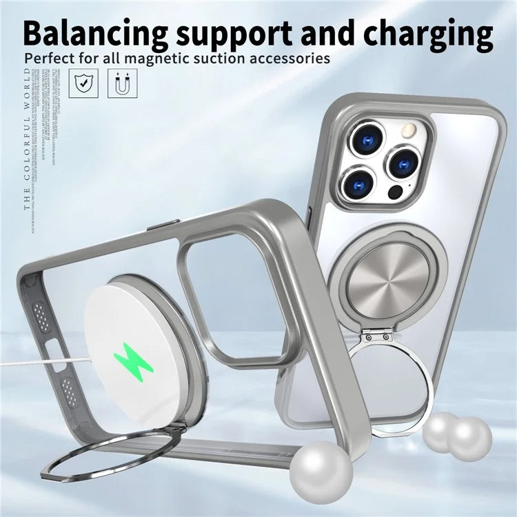For iPhone 15 Pro Max Clear Case Rotating Kickstand TPU+PC Anti-drop Phone Cover Magnetic Shell