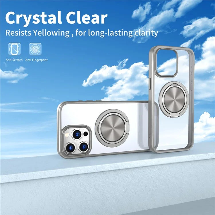 For iPhone 15 Pro Max Clear Case Rotating Kickstand TPU+PC Anti-drop Phone Cover Magnetic Shell