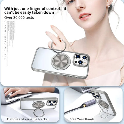 For iPhone 15 Pro Max Clear Case Rotating Kickstand TPU+PC Anti-drop Phone Cover Magnetic Shell
