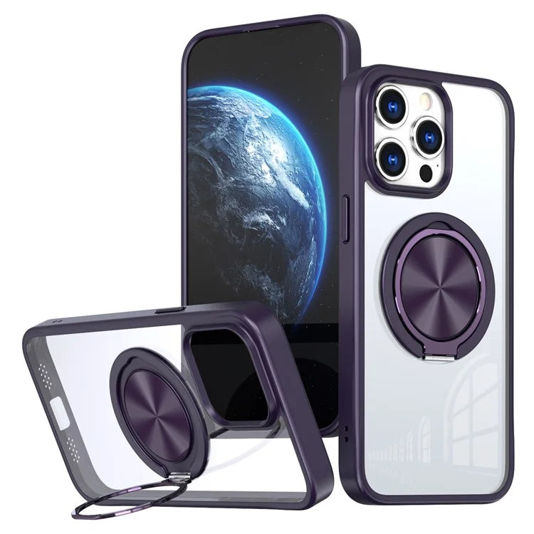 For iPhone 15 Pro Max Clear Case Rotating Kickstand TPU+PC Anti-drop Phone Cover Magnetic Shell