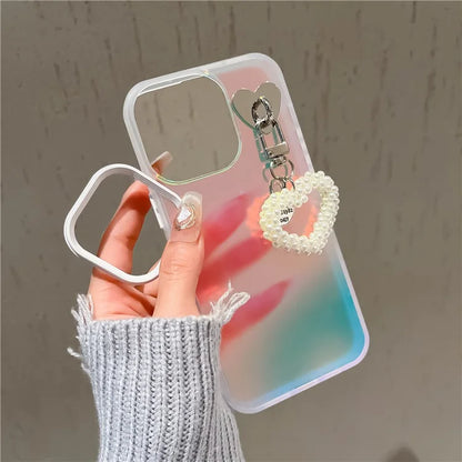 For iPhone 15 Pro Max Frosted Case Laser Effect PC+TPU Phone Shell with Pearls Heart Pendant