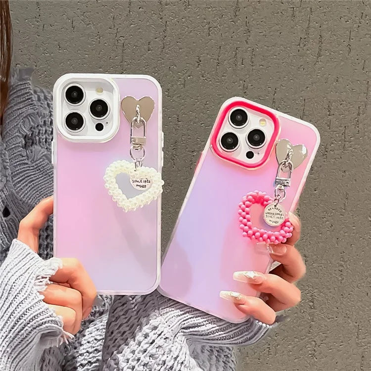 For iPhone 15 Pro Max Frosted Case Laser Effect PC+TPU Phone Shell with Pearls Heart Pendant