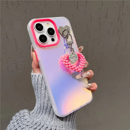 For iPhone 15 Pro Max Frosted Case Laser Effect PC+TPU Phone Shell with Pearls Heart Pendant