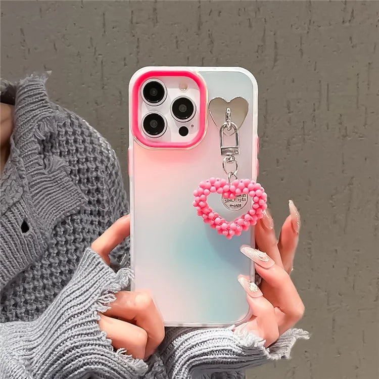 For iPhone 15 Pro Max Frosted Case Laser Effect PC+TPU Phone Shell with Pearls Heart Pendant