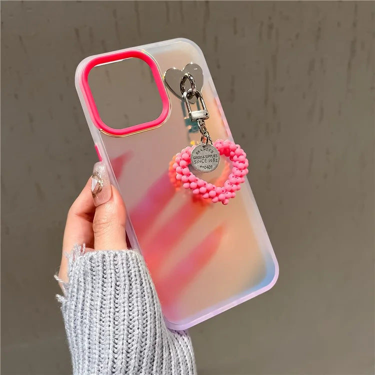 For iPhone 15 Pro Max Frosted Case Laser Effect PC+TPU Phone Shell with Pearls Heart Pendant