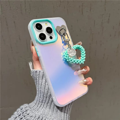 For iPhone 15 Pro Max Frosted Case Laser Effect PC+TPU Phone Shell with Pearls Heart Pendant