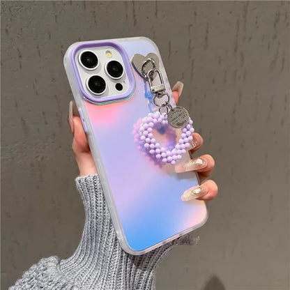 For iPhone 15 Pro Max Frosted Case Laser Effect PC+TPU Phone Shell with Pearls Heart Pendant