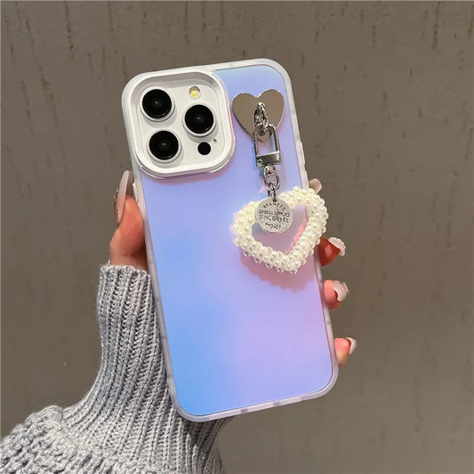 For iPhone 12 Pro Max 6.7 inch Shockproof Case Laser Effect PC+TPU Protective Cover with Pearls Heart Pendant