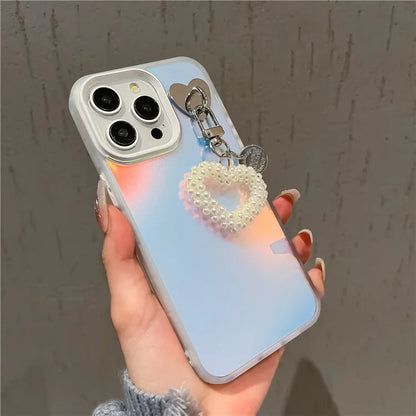For iPhone 12 Pro Max 6.7 inch Shockproof Case Laser Effect PC+TPU Protective Cover with Pearls Heart Pendant