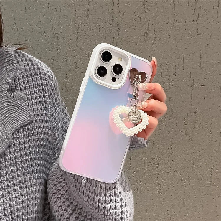 For iPhone 12 Pro Max 6.7 inch Shockproof Case Laser Effect PC+TPU Protective Cover with Pearls Heart Pendant