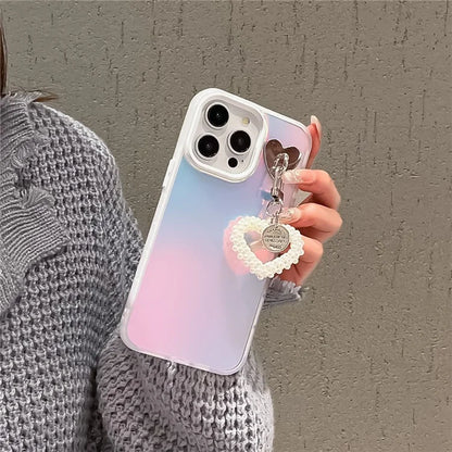 For iPhone 12 Pro Max 6.7 inch Shockproof Case Laser Effect PC+TPU Protective Cover with Pearls Heart Pendant