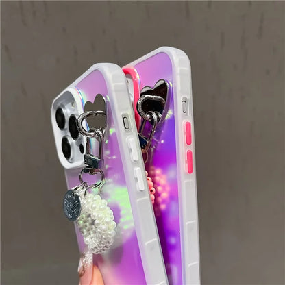 For iPhone 12 Pro Max 6.7 inch Shockproof Case Laser Effect PC+TPU Protective Cover with Pearls Heart Pendant