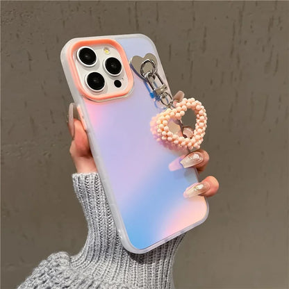 For iPhone 12 Pro Max 6.7 inch Shockproof Case Laser Effect PC+TPU Protective Cover with Pearls Heart Pendant