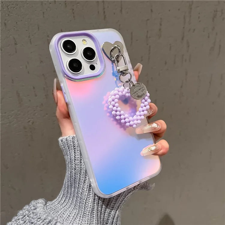 For iPhone 12 Pro Max 6.7 inch Shockproof Case Laser Effect PC+TPU Protective Cover with Pearls Heart Pendant