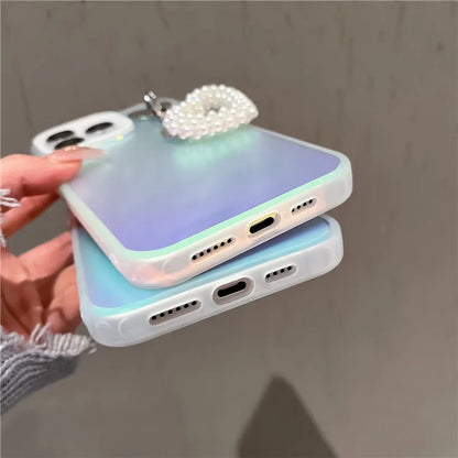 For iPhone 12 Pro Max 6.7 inch Shockproof Case Laser Effect PC+TPU Protective Cover with Pearls Heart Pendant